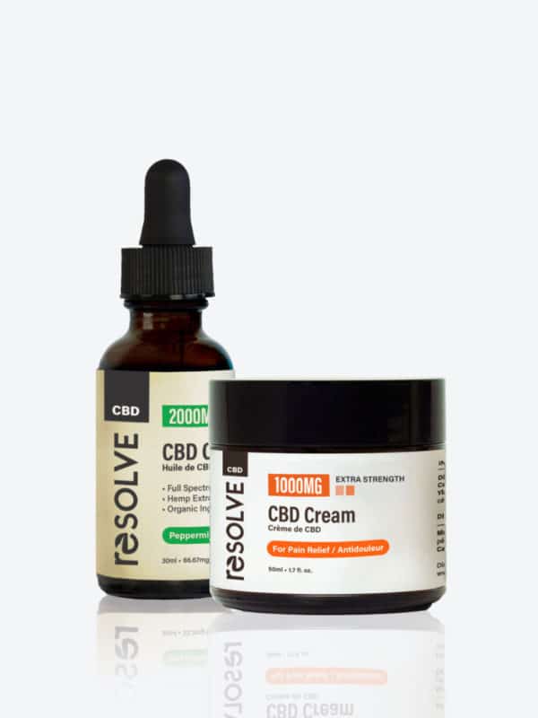 resolveCBD's Pro Recovery pack a bottle of 2000mg human peppermint oil and their jar of Pain Cream extra Strength 1000mg