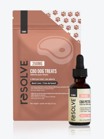 A pack of resolvecbd dog treats as well as a 200mg bottle of resolvecbd pets oil salmon flavour