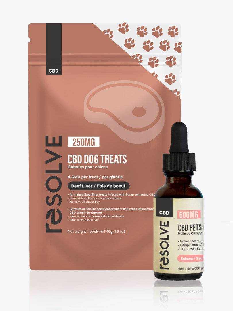 A pack of resolvecbd dog treats as well as a 600mg bottle of resolvecbd pets oil salmon flavour